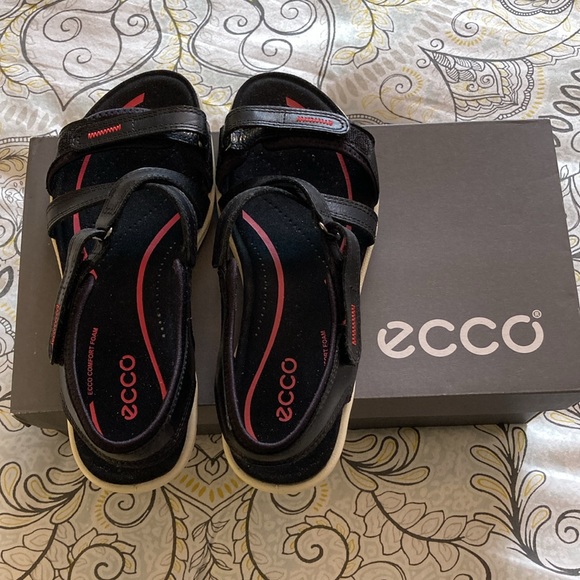 Ecco Black Bluma Flat White Heeled Top 2-Strap Velcro Sandals - Sz 6-6.5 - Picture 4 of 13